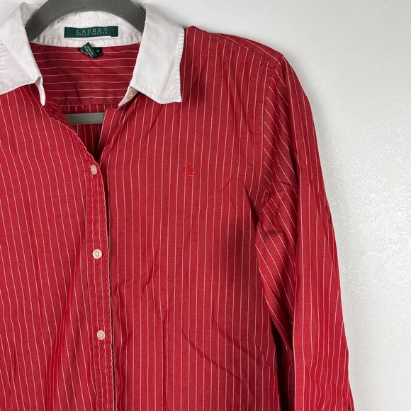 Lauren Ralph Lauren Red Striped Button Down Shirt Split Sleeves Collared Medium - Picture 2 of 8